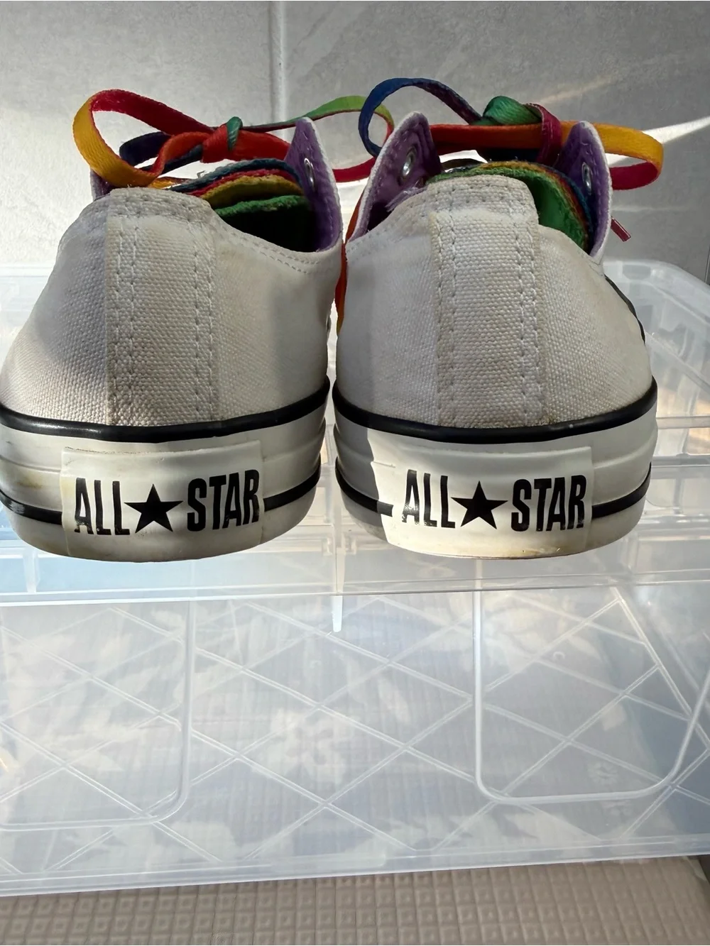 Converse White Low Top Sneakers with Rainbow Laces &  Tongue and Purple Interior - Picture 7 of 9